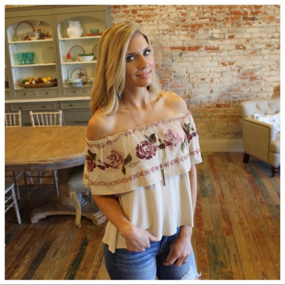 ⭐️ Taupe Embroidered Ruffle Off Shoulder Top - Picture 6 of 6